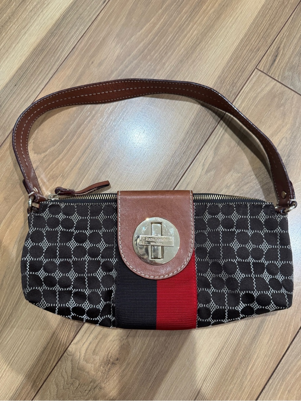 Vintage Kate Spade Brown Patterned Shoulder Bag with Red Accent